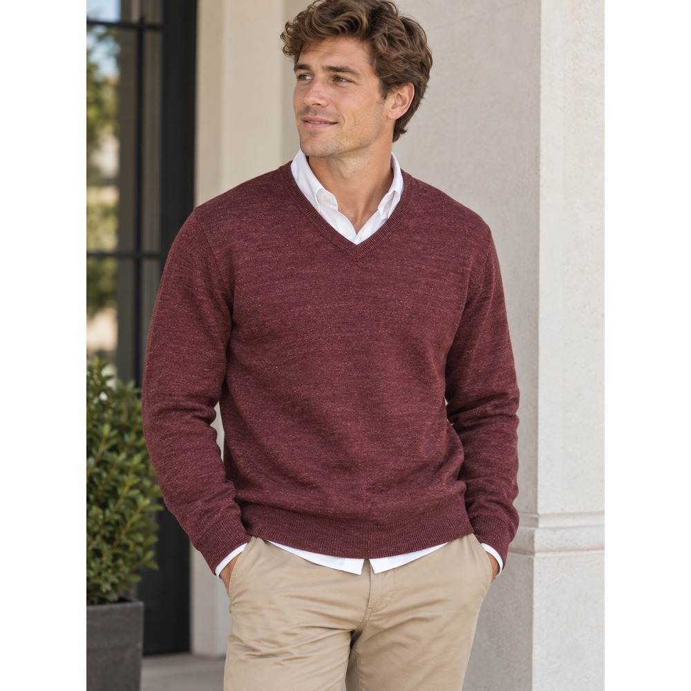 J.Crew Mens V-Neck Sweater Burgundy Heather 100% Cotton Marl Knit XXL